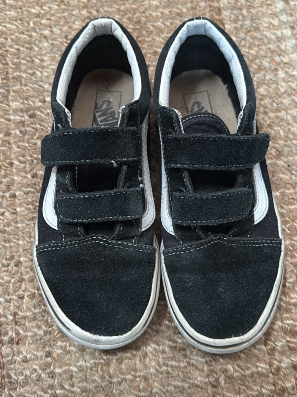 Vans Kids Black Suede Velcro Skate Shoes with White Trim